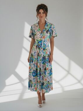 Leo Danal Vintage Belted Short Sleeve Button Down Celebration Dress